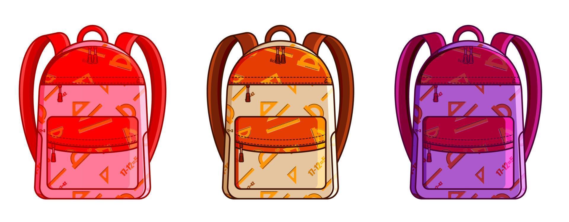 set of school backpacks for girls with ornament from school supplies. Front view. September 1, beginning of study. Vector student accessories on a white background