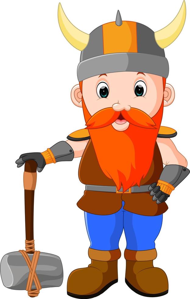 caricatura vikinga con un gran martillo vector