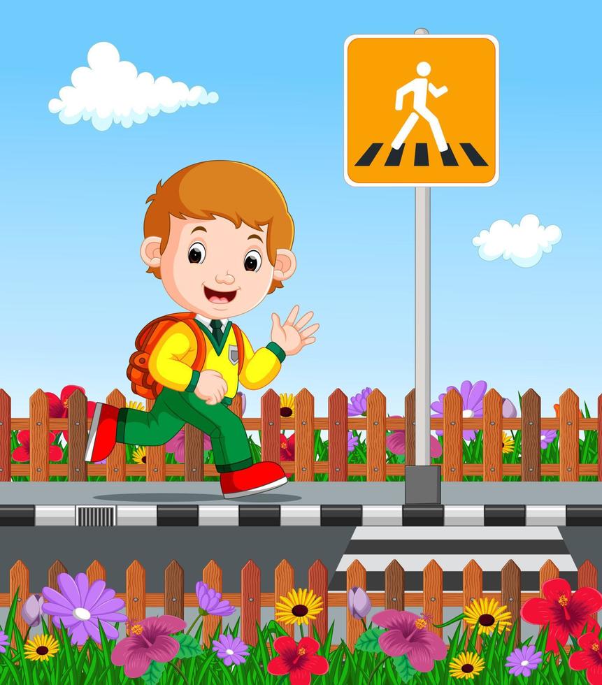 cute boy on his way to school vector