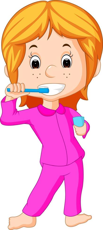 Happy cute girl brushing teeth vector