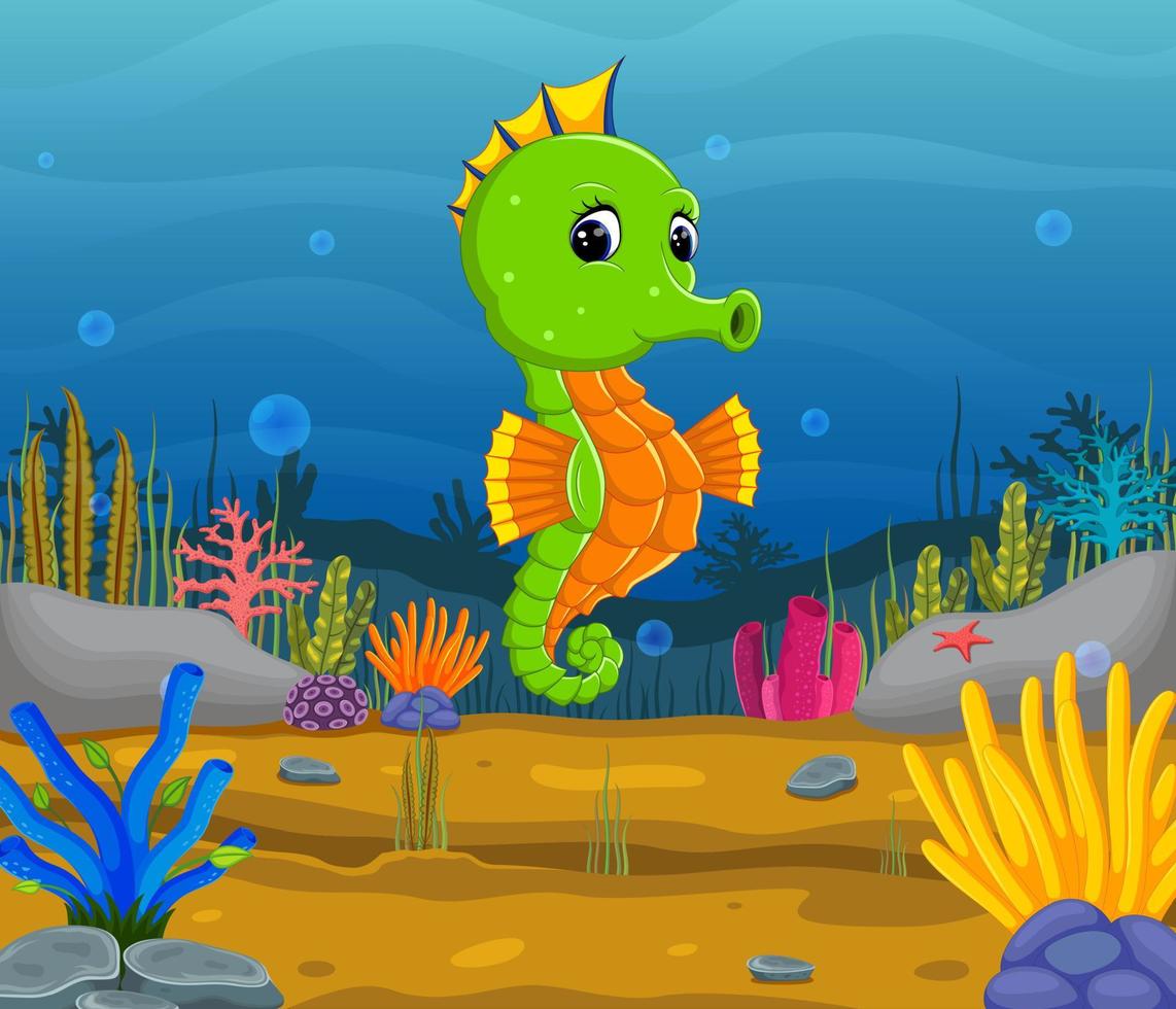 Cartoon tropical sea horse with beautiful underwater world vector