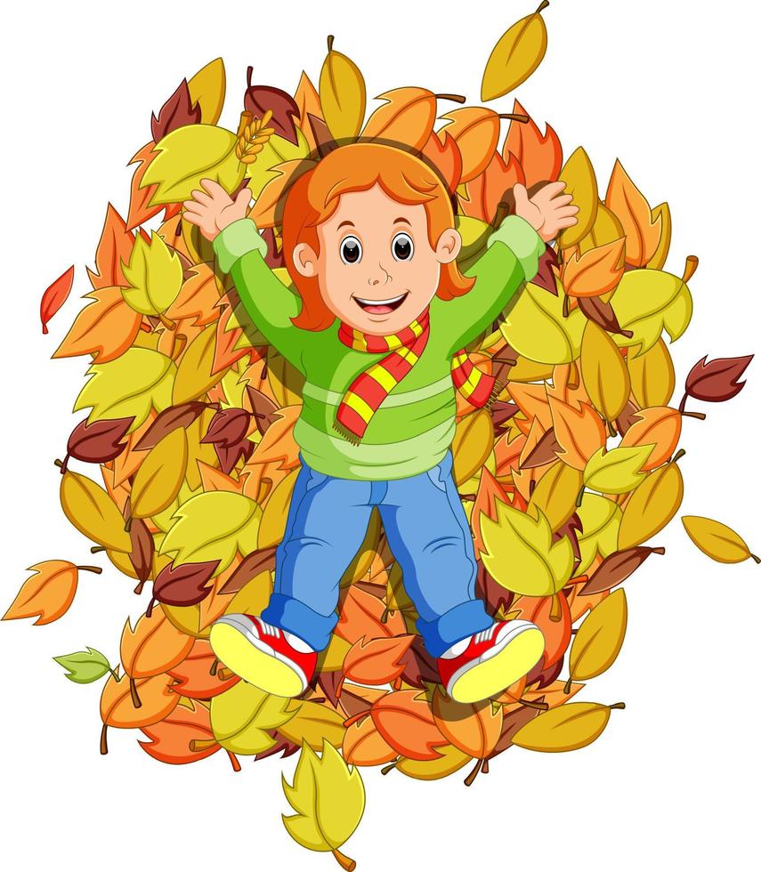 niña feliz jugando con hojas de otoño vector
