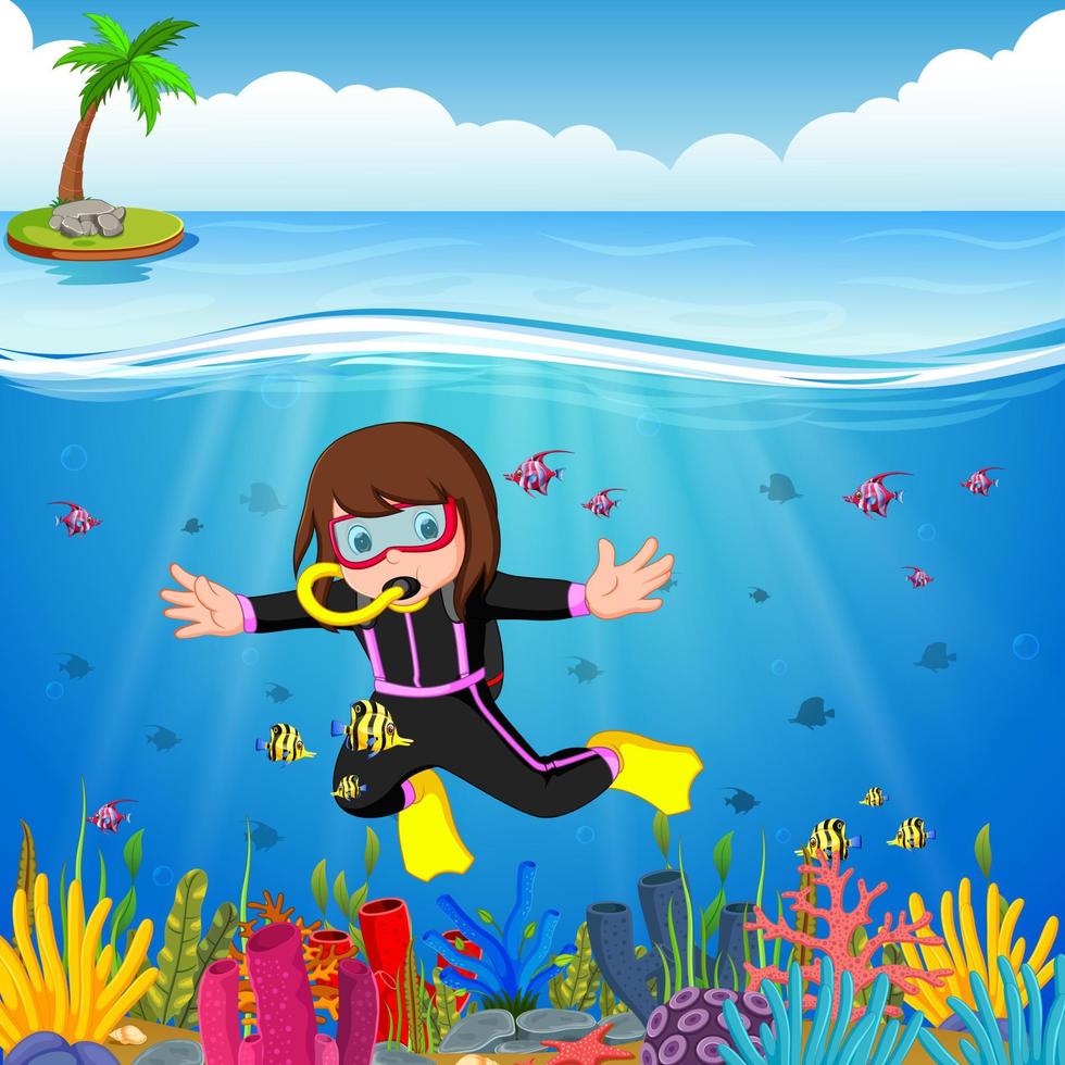 Cartoon girl diving in the sea vector