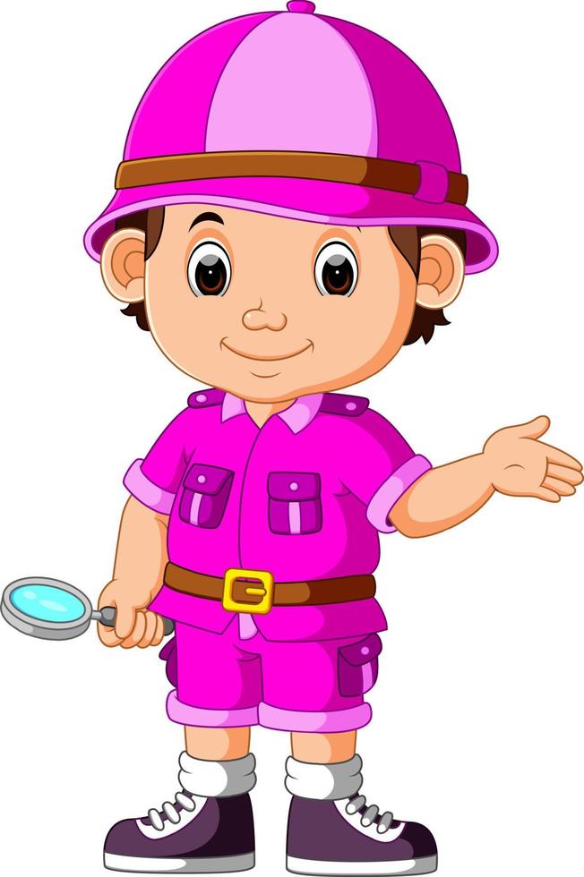cute hiker boy holding magnifying glass vector