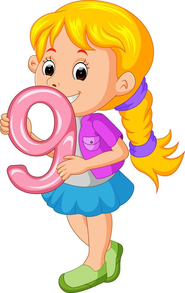 cute child holding balloon with number nine vector