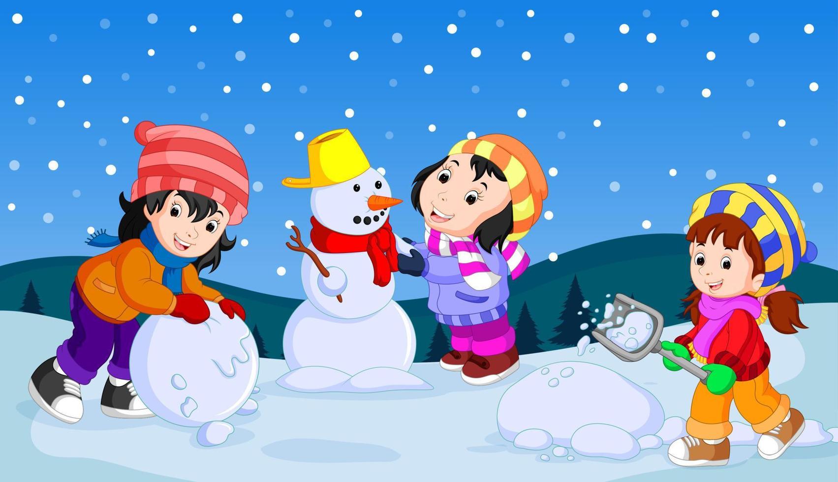 n the winter, kids play in the snow very joyfully vector