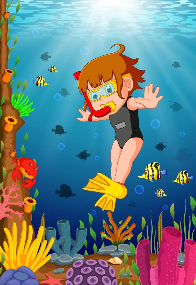 Cartoon girl diving in the sea vector