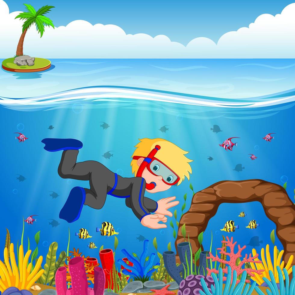 Cartoon boy diving in the sea vector