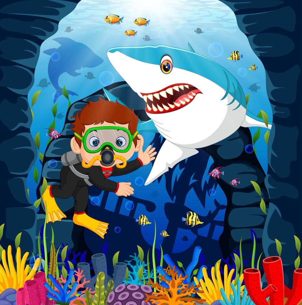 Cartoon boy diving in the sea with shark vector