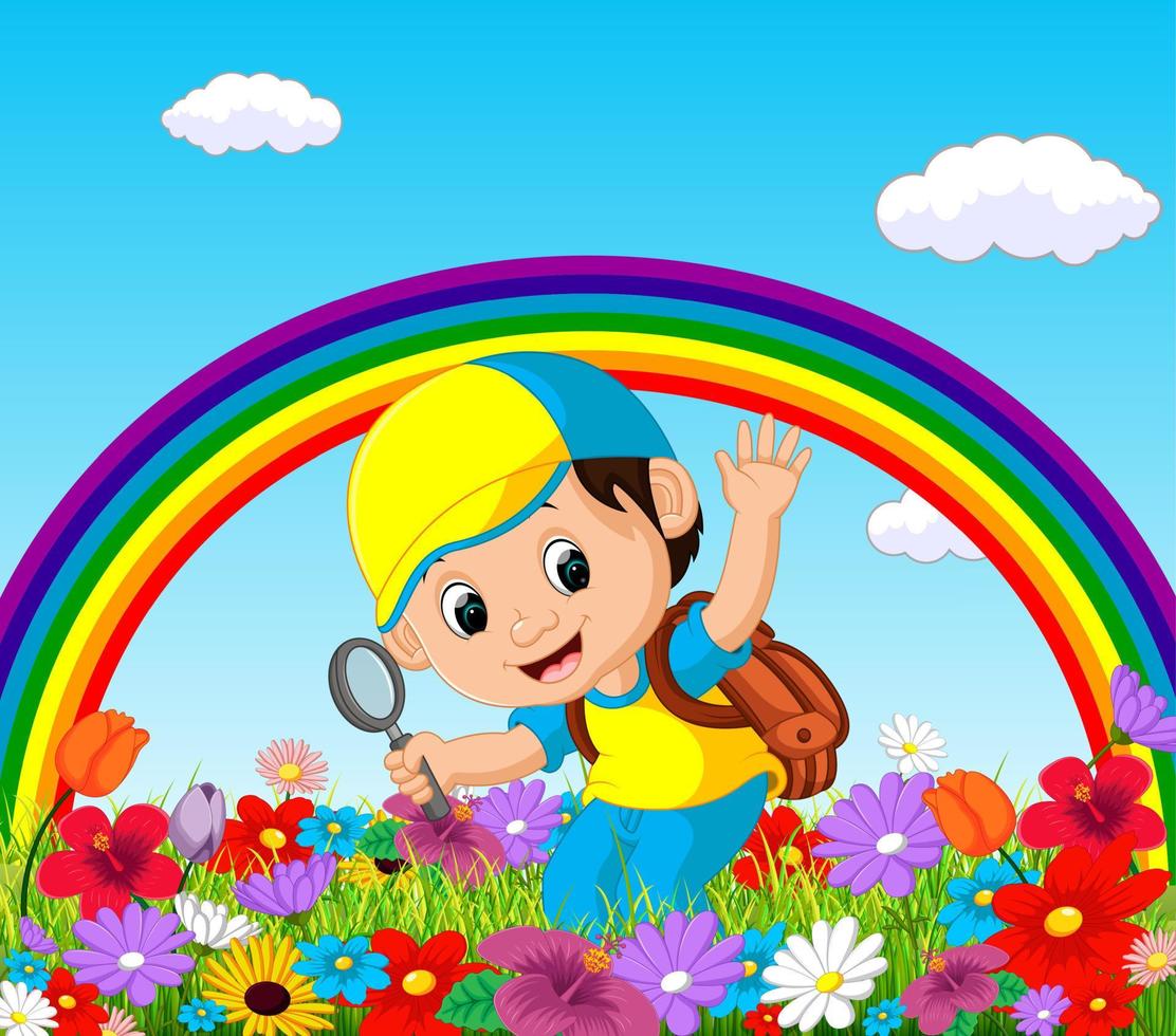Cute boy holding magnifying glass in a flower garden with rainbow vector