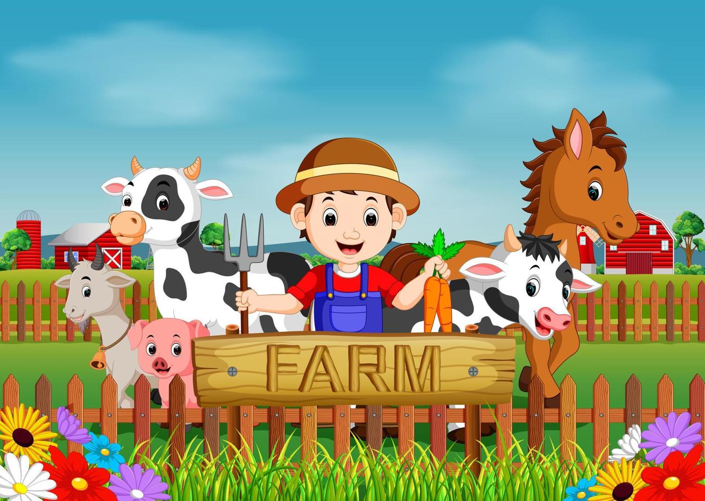 Farm scenes with many animals and farmers vector