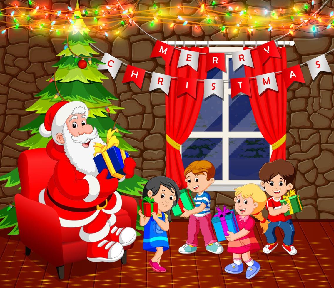 santa claus con árbol de navidad y niño lindo vector