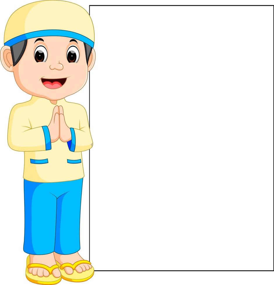 Happy muslim boy cartoon holding blank sign vector