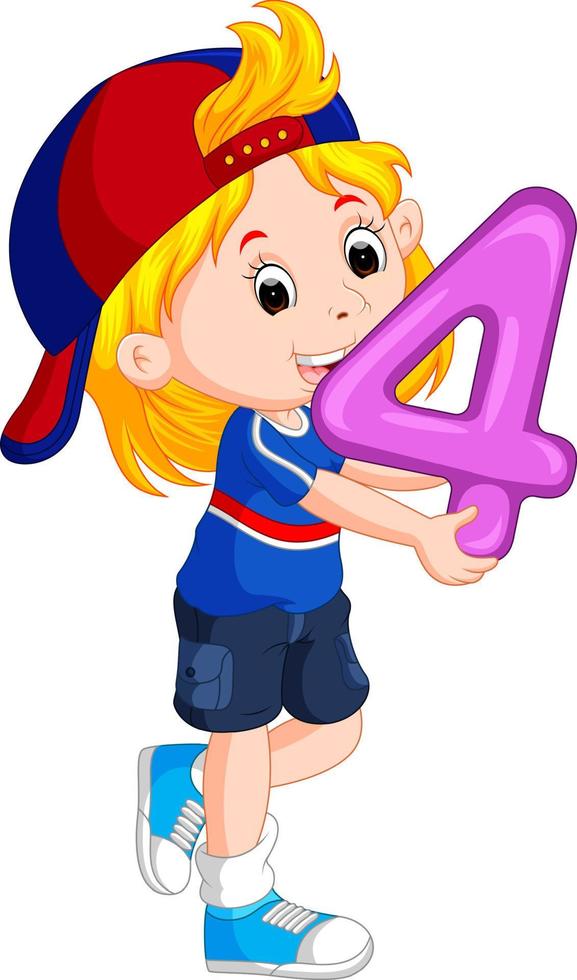 cute child holding balloon with number four vector