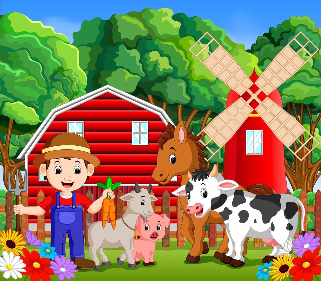 Farm scenes with many animals and farmers vector
