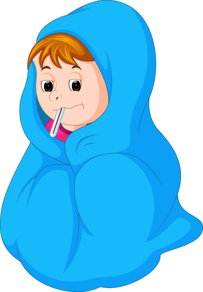 Kid under blanket having fever vector