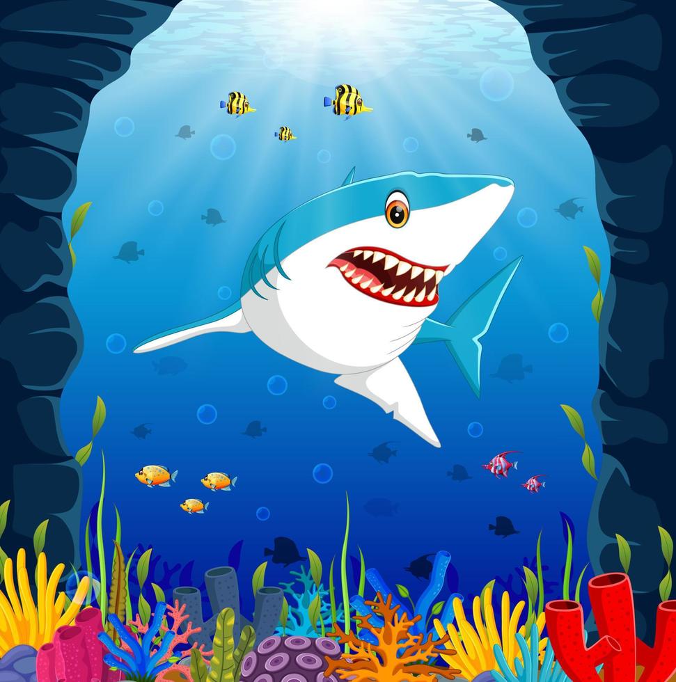 tiburón de dibujos animados bajo el mar vector
