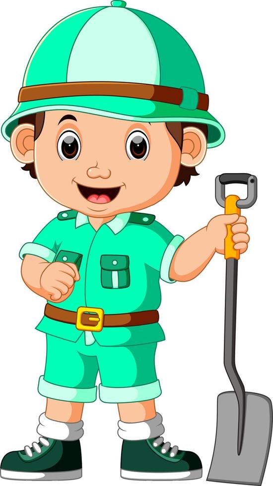 cute hiker boy holding shovel vector