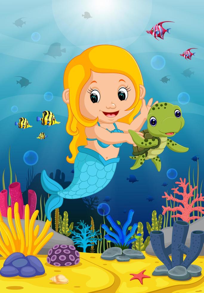 Cartoon mermaid underwater with turtle vector