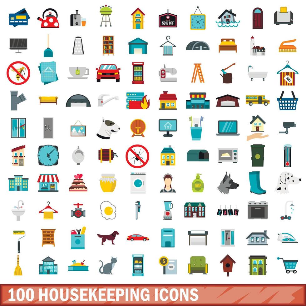 100 housekeeping icons set, flat style vector