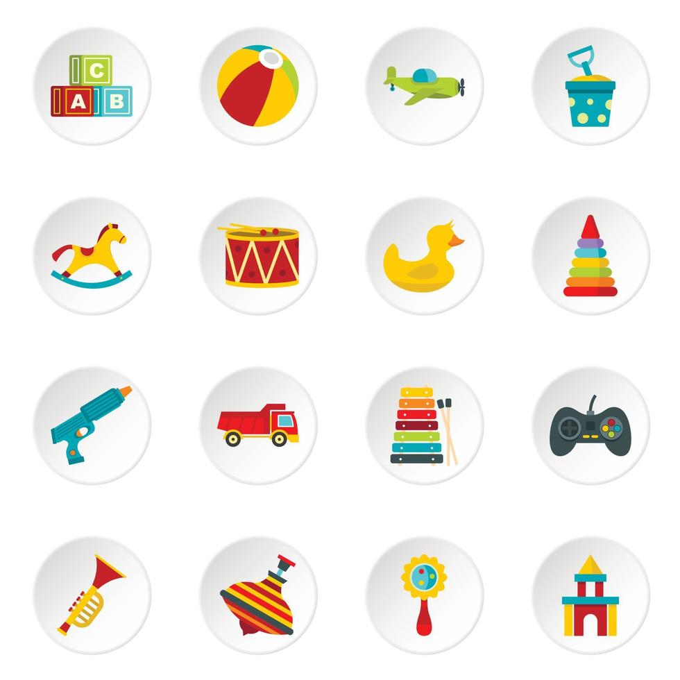 diferentes iconos de juguetes para niños establecidos en estilo plano vector