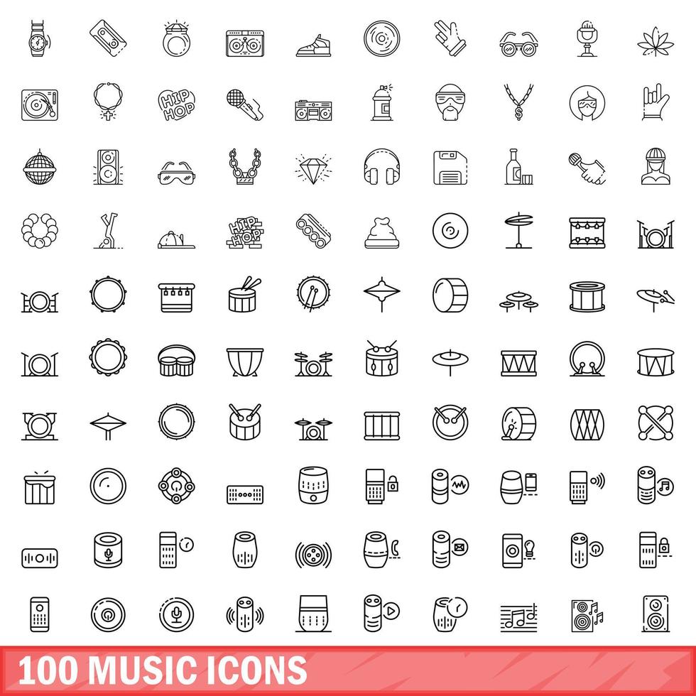 100 iconos de música, estilo de esquema vector