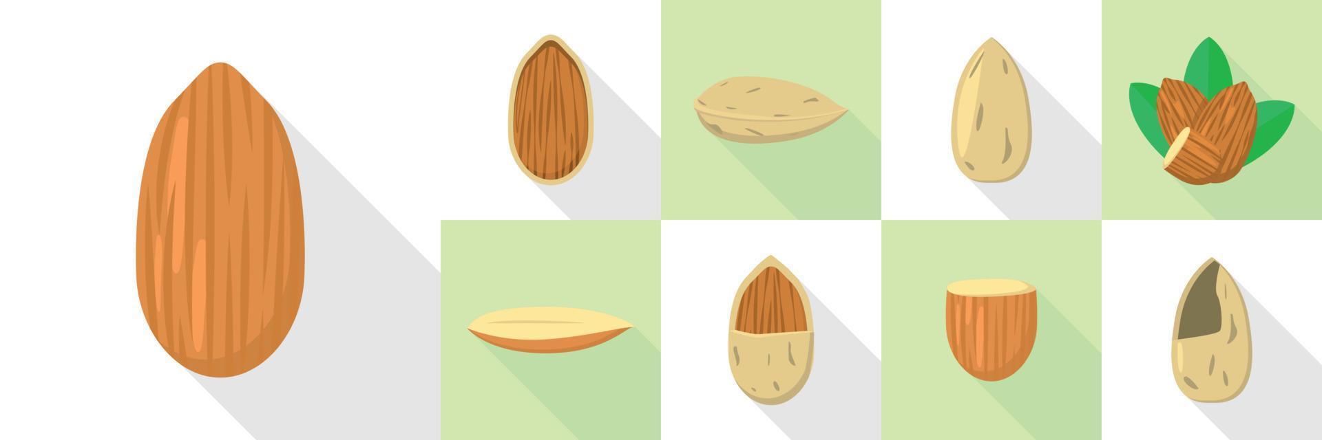 conjunto de iconos de nueces de almendras, estilo plano vector