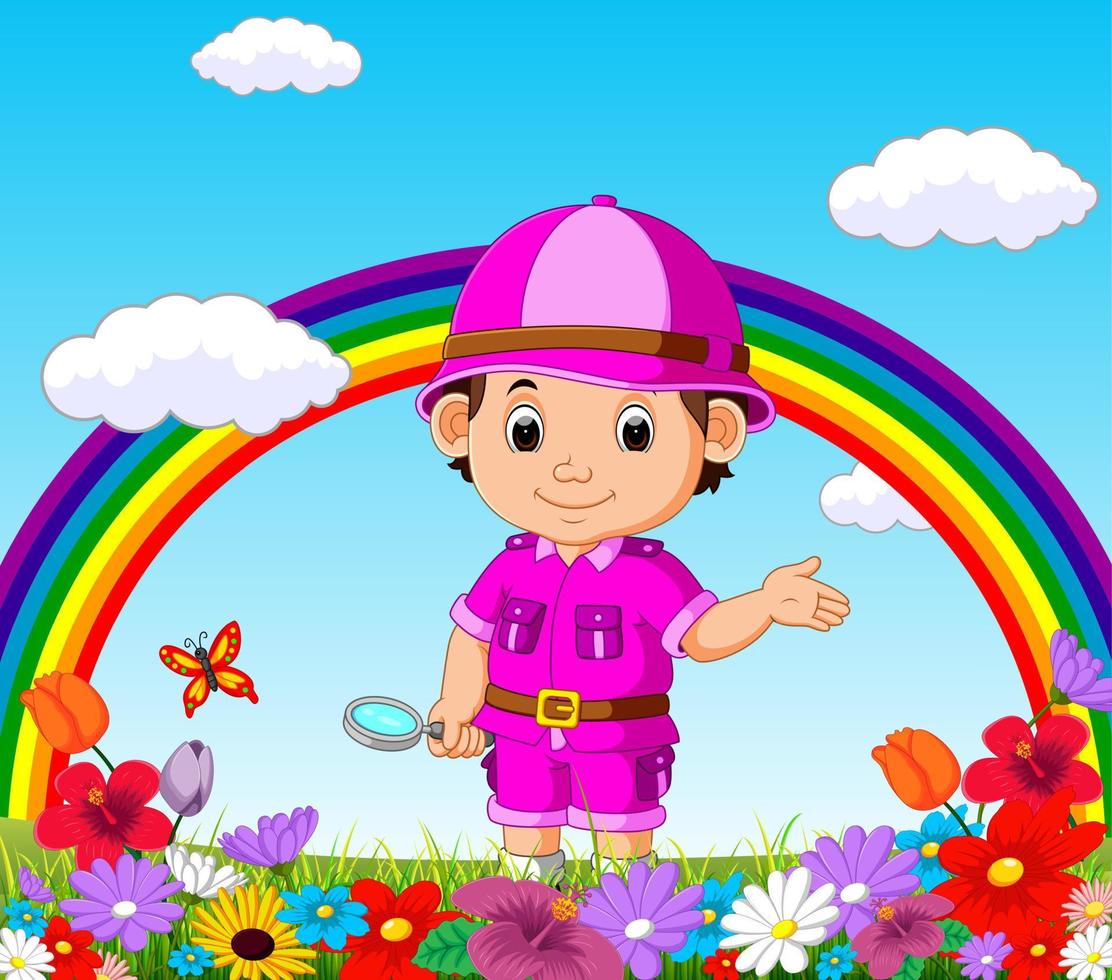 Cute boy holding magnifying glass in a flower garden with rainbow vector