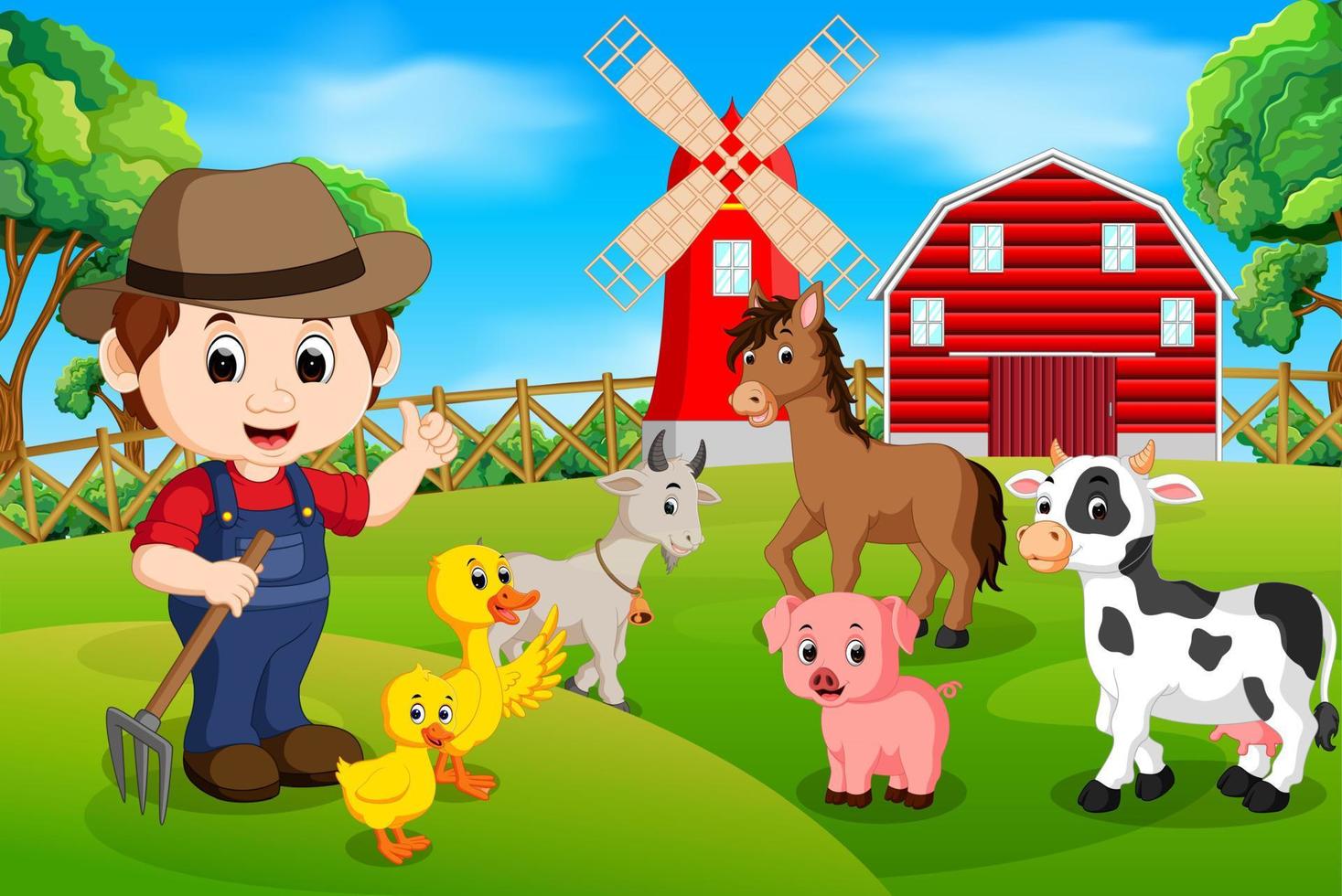 Farm scenes with many animals and farmers vector