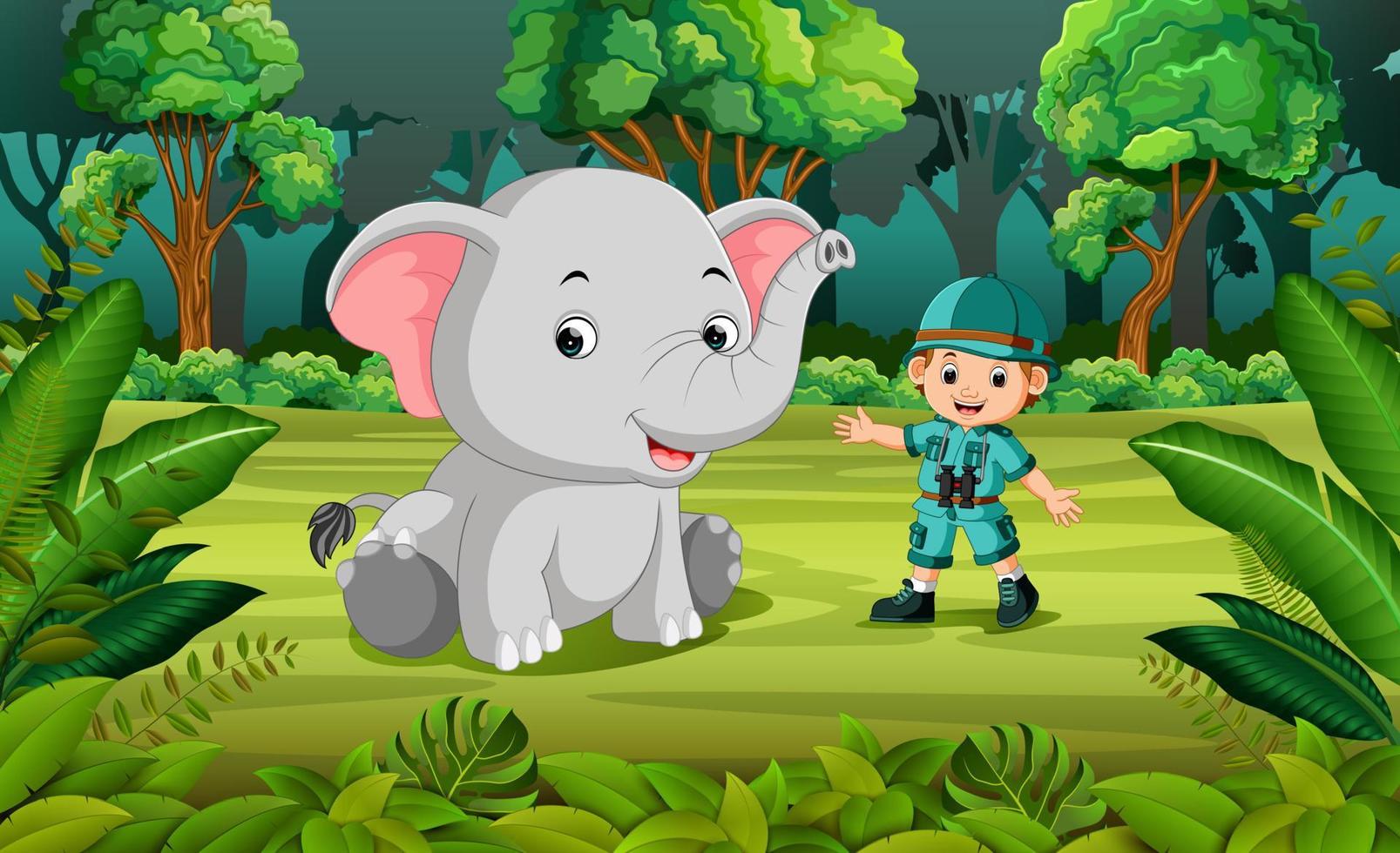 elefante y aventurero en la selva vector