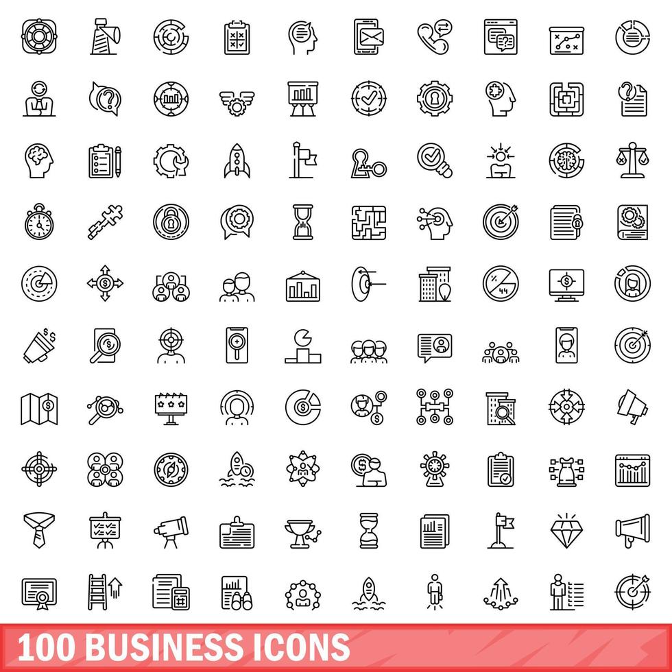 100 business icons set, outline style vector