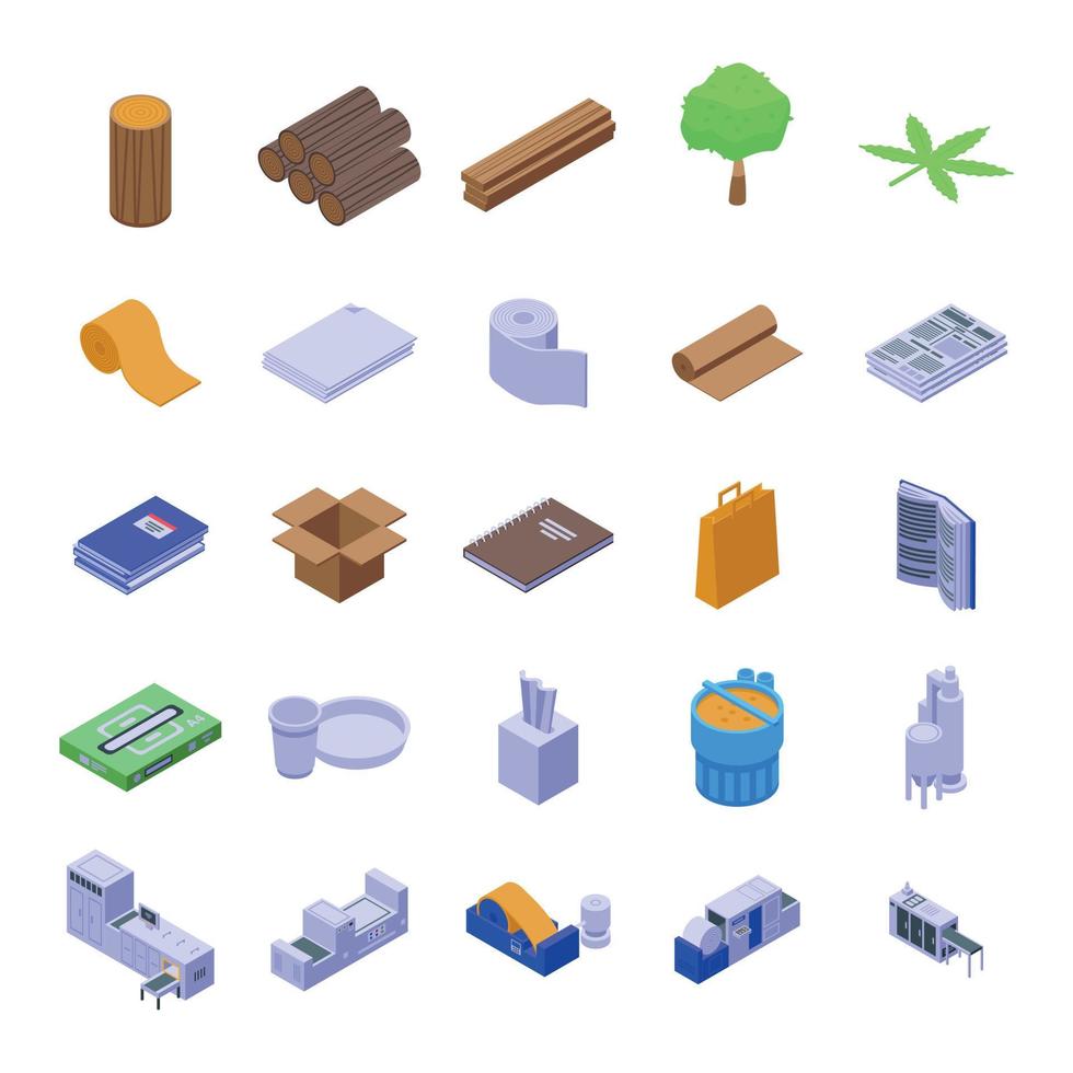 Paper production icons set, isometric style vector