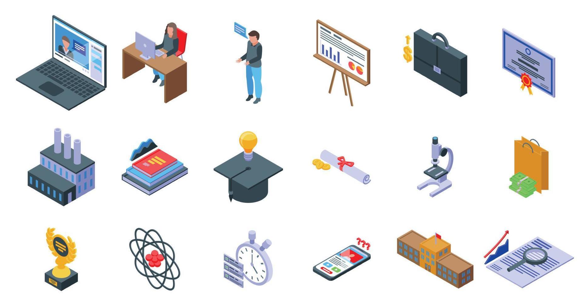 Business school icons set isometric vector. Training learn vector