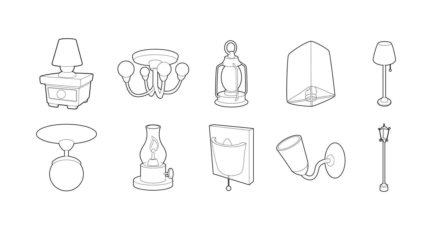 conjunto de iconos de lámpara, estilo de contorno vector