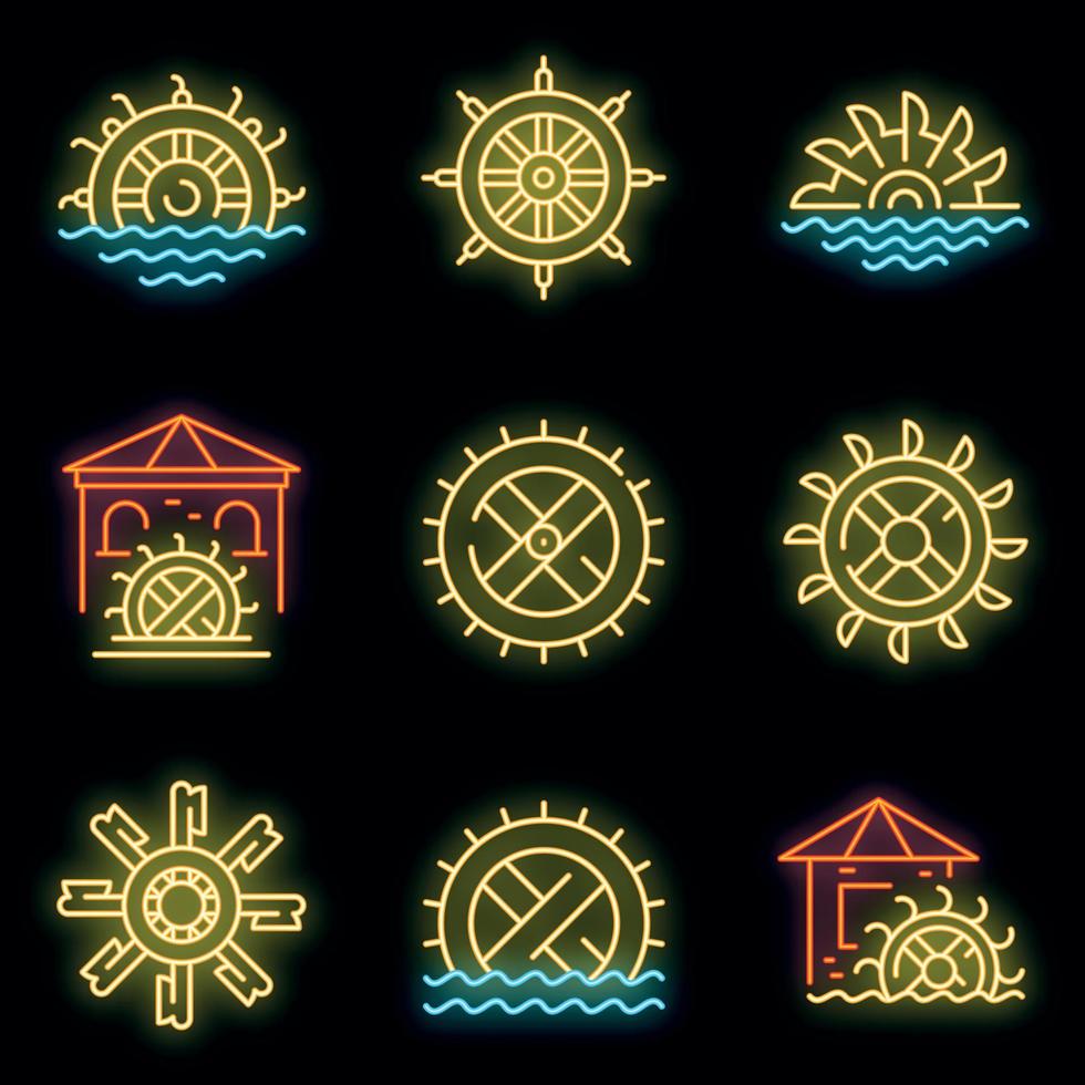 molino de agua, iconos, conjunto, vector, neón vector