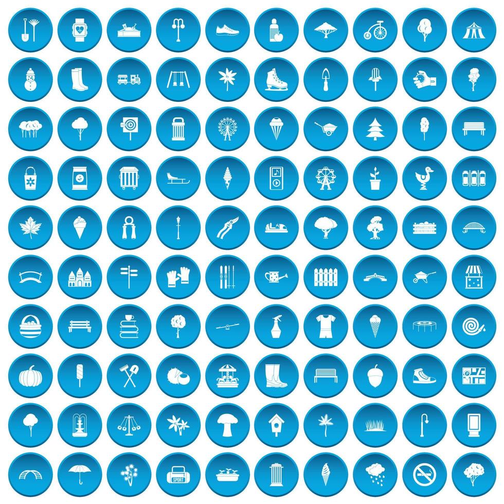 100 park icons set blue vector