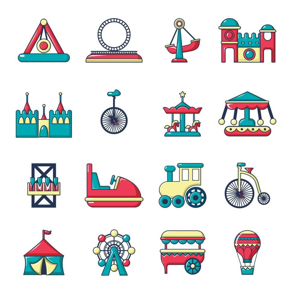 Amusement park icons set, cartoon style vector