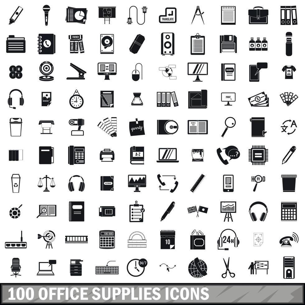 100 office supplies icons set, simple style vector