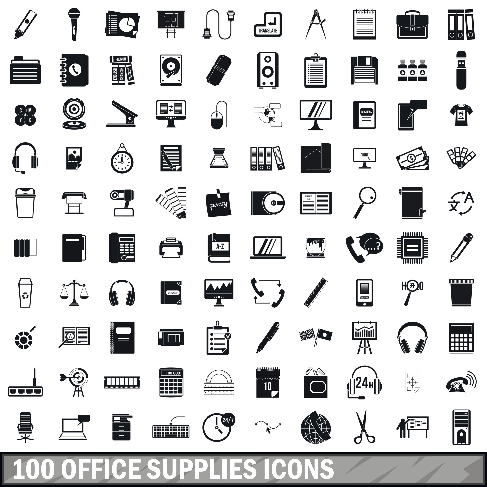 100 office supplies icons set, simple style 8658321 Vector Art at Vecteezy