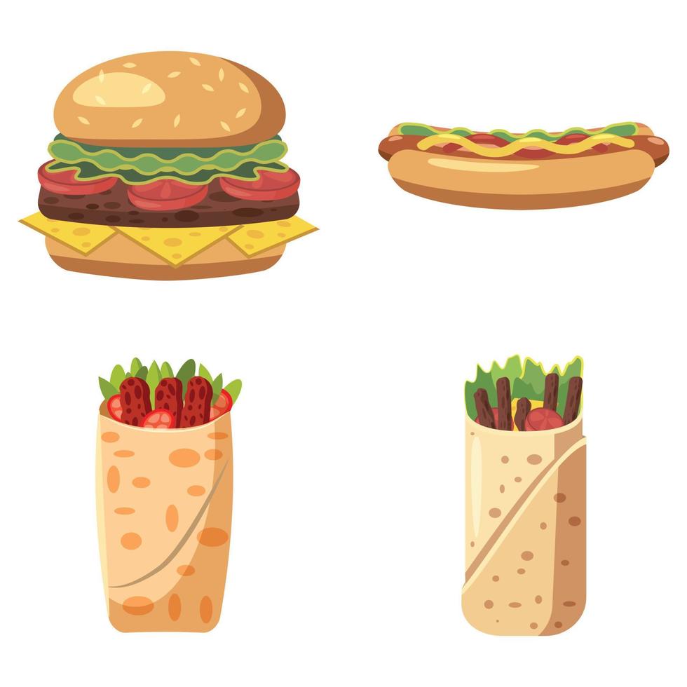 Fast food icon set, cartoon style vector