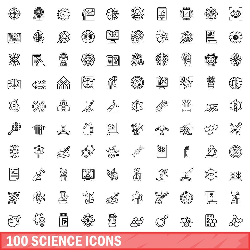 100 science icons set, outline style vector