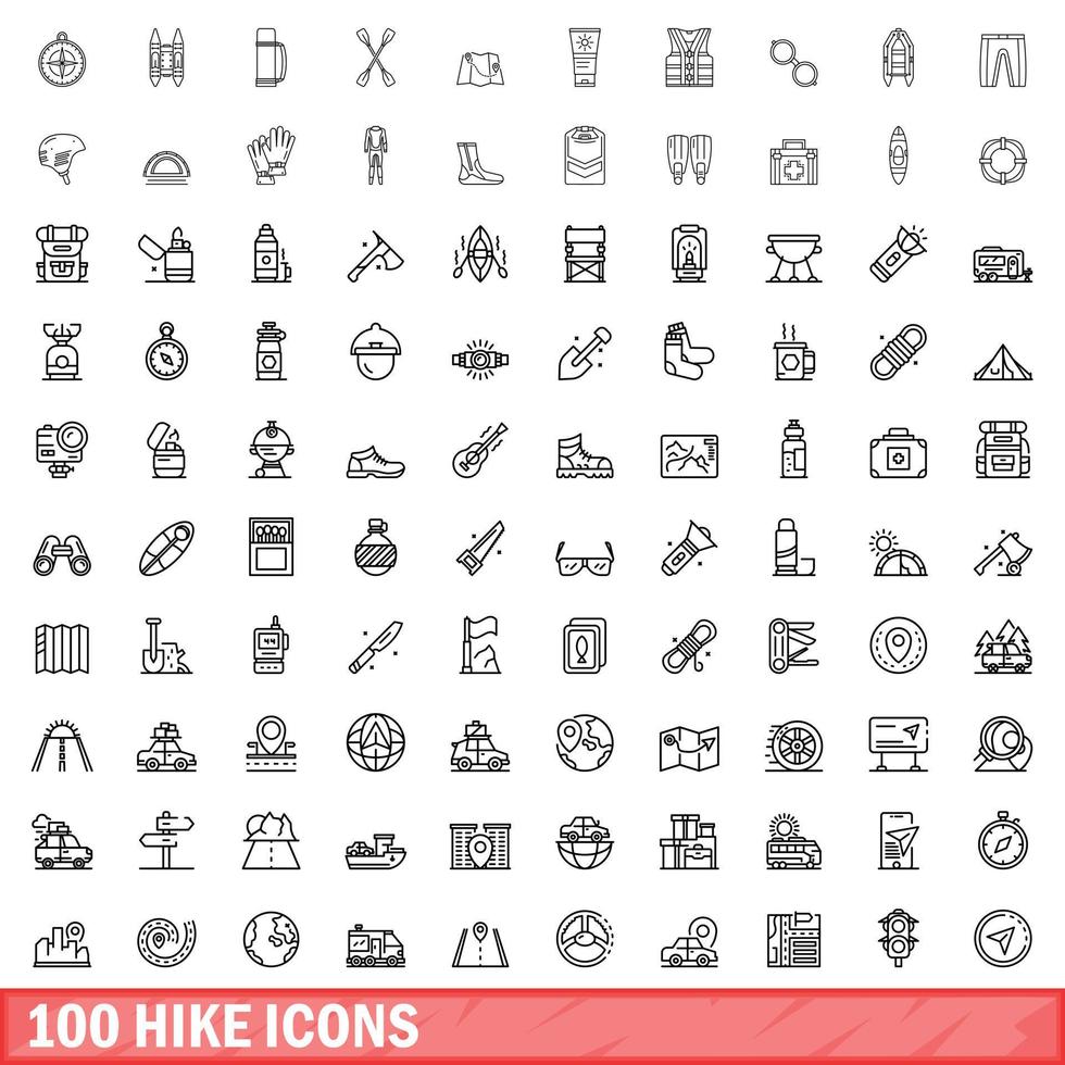 100 hike icons set, outline style vector