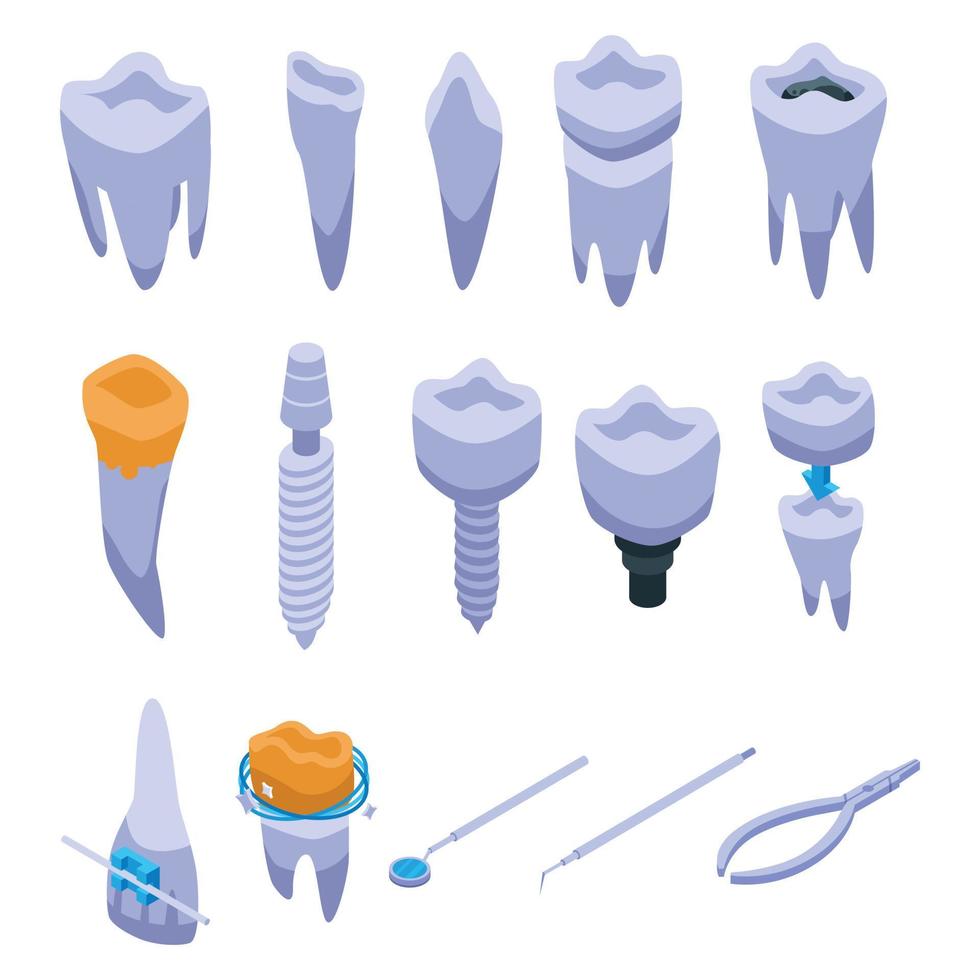 Tooth restoration icons set, isometric style vector