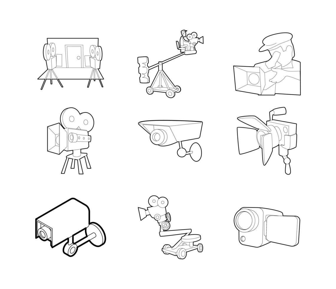 conjunto de iconos de cámara de video, estilo de esquema vector