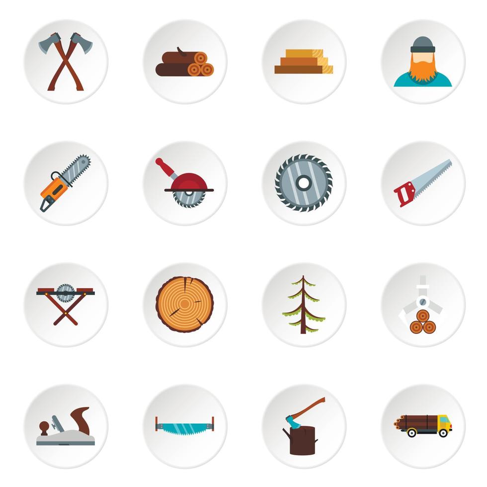 Timber industry icons set, flat style vector