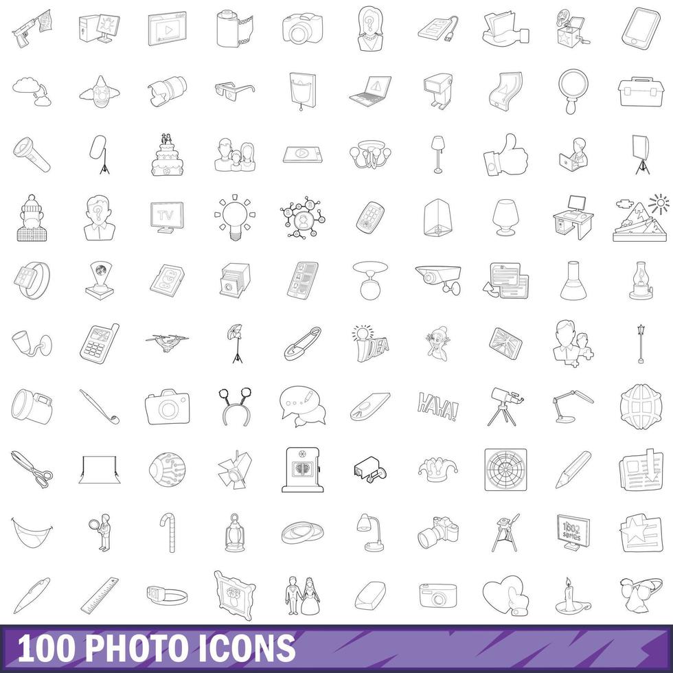 100 photo icons set, outline style vector