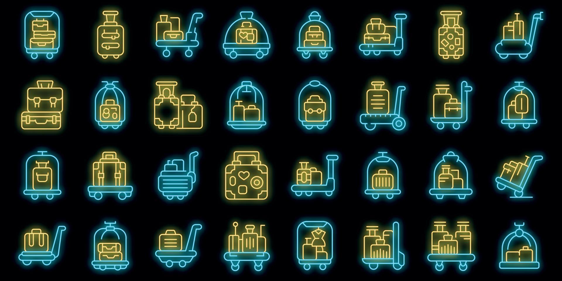 Luggage trolley icons set vector neon