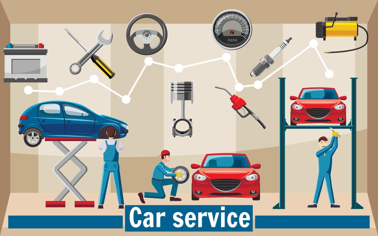 Car service tools concept, cartoon style vector