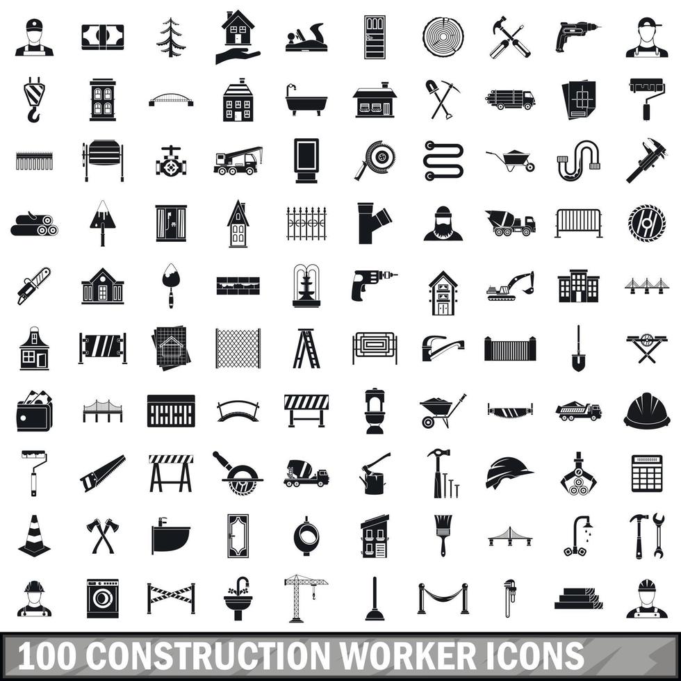 100 construction worker icons set, simple style vector