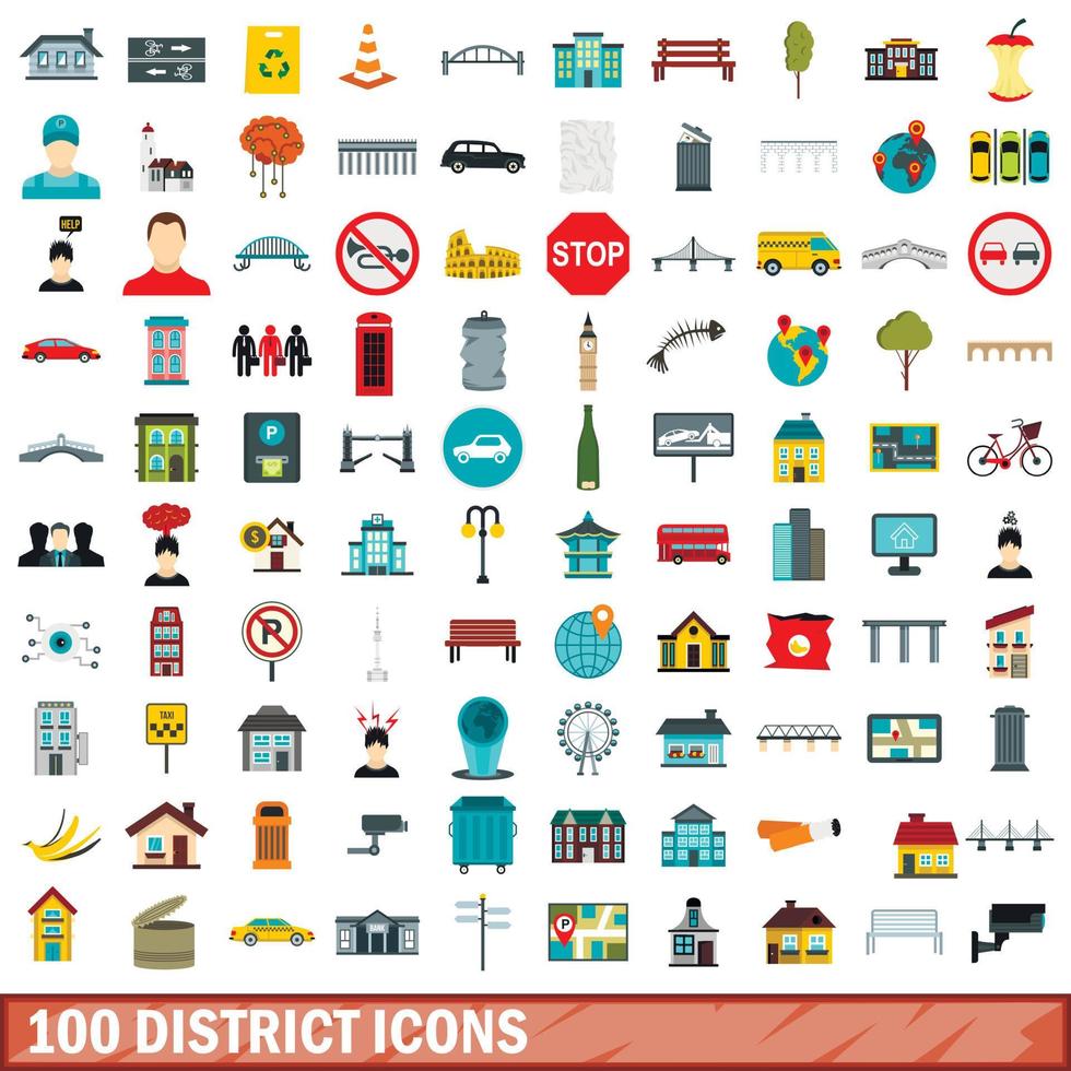 100 district icons set, flat style vector